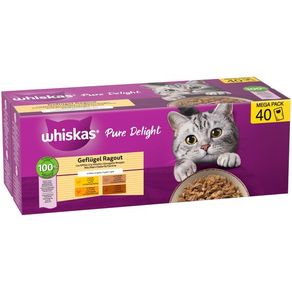 Whiskas 1+ Katzennassfutter Ragout Geflügel Auswahl in Gelee, 40x85g (1 Packung) – Hochwertiges Nassfutter für ausgewachsene Katzen in 40 Portionsbeuteln