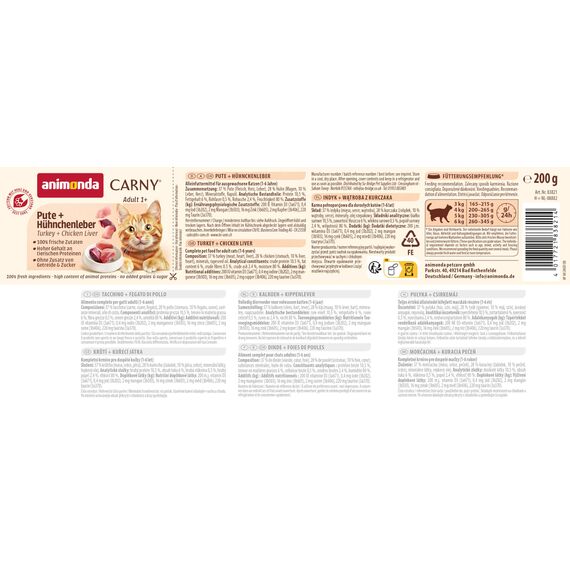 animonda Carny Katzen Nassfutter Pute + Hühnchenleber (6 x 200g), getreidefreies Katzen Nassfutter ohne Zucker, mit frischen fleischigen Zutaten
