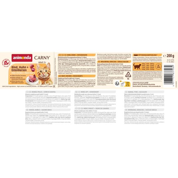 animonda Carny Katzen Nassfutter Rind + Huhn + Entenherzen (6 x 200g), getreidefreies Katzen Nassfutter ohne Zucker, mit frischen fleischigen Zutaten