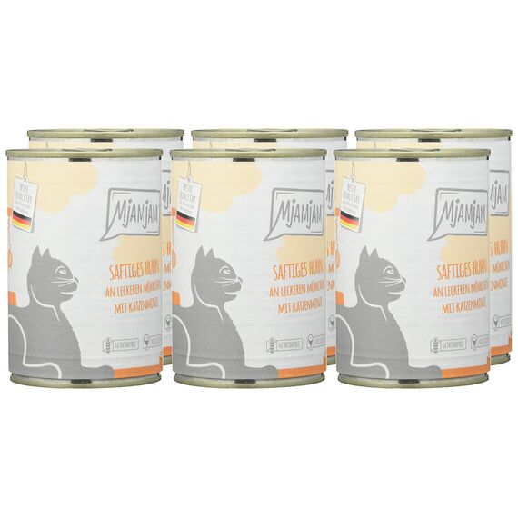 MjAMjAM - Premium Nassfutter für Katzen - saftiges Huhn an leckeren Möhrchen, 6er Pack (6 x 400 g), getreidefrei mit extra viel Fleisch