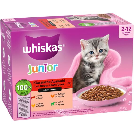 Whiskas Junior Katzennassfutter Klassische Auswahl in Sauce, 48 Portionsbeutel, 12x85g (4er Pack) – Hochwertiges Katzenfutter nass, für heranwachsende Katzen von 2 bis 12 Monaten