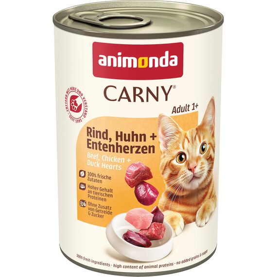 animonda Carny Katzen Nassfutter Rind + Huhn + Entenherzen (6 x 400g), getreidefreies Katzen Nassfutter ohne Zucker, mit frischen fleischigen Zutaten