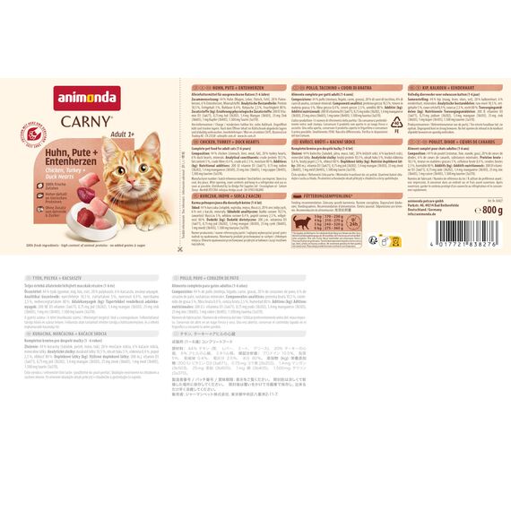 animonda Carny Katzen Nassfutter Huhn + Pute + Entenherzen (6 x 800g), getreidefreies Katzen Nassfutter ohne Zucker, mit frischen fleischigen Zutaten