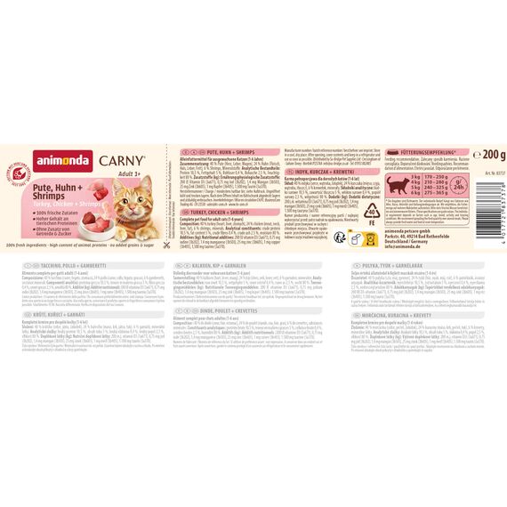 animonda Carny Katzen Nassfutter Pute + Huhn + Shrimps (6 x 200g), getreidefreies Katzen Nassfutter ohne Zucker, mit frischen fleischigen Zutaten