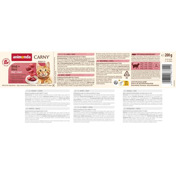 animonda Carny Katzen Nassfutter Rind + Herz (6 x 200g), getreidefreies Katzen Nassfutter ohne Zucker, mit frischen fleischigen Zutaten