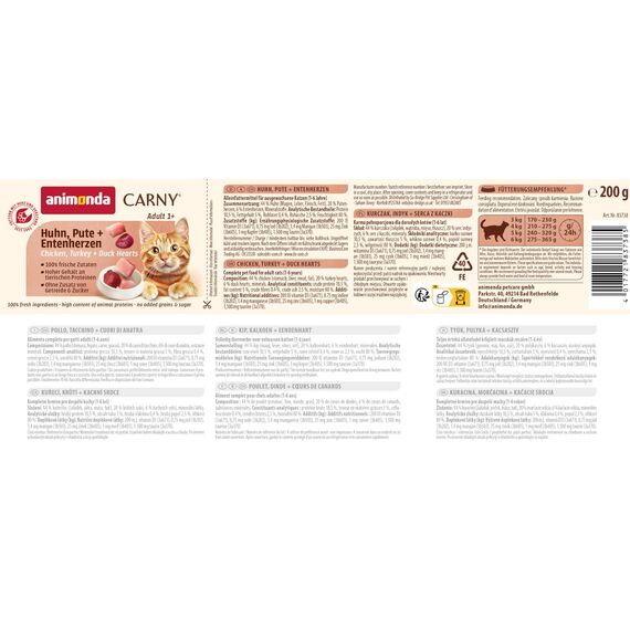 animonda Carny Katzen Nassfutter Huhn + Pute + Entenherzen (6 x 200g), getreidefreies Katzen Nassfutter ohne Zucker, mit frischen fleischigen Zutaten