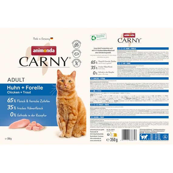 animonda Carny Katzen Trockenfutter mit Huhn + Forelle (1 x 350g), Getreide und Zuckerfreies Trockenfutter für ausgewachsene Katzen