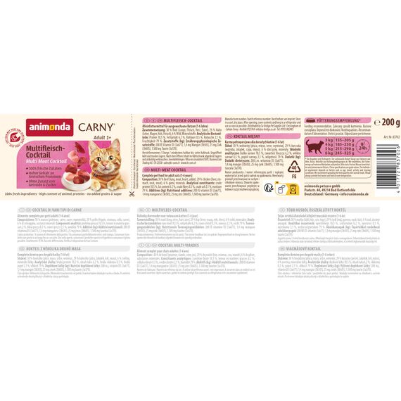 animonda Carny Katzen Nassfutter Multifleischcocktail (6 x 200g), getreidefreies Katzen Nassfutter ohne Zucker, mit frischen fleischigen Zutaten