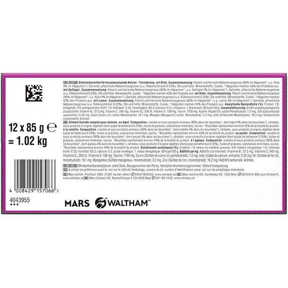 Whiskas Junior Katzennassfutter Klassische Auswahl in Sauce, 48 Portionsbeutel, 12x85g (4er Pack) – Hochwertiges Katzenfutter nass, für heranwachsende Katzen von 2 bis 12 Monaten