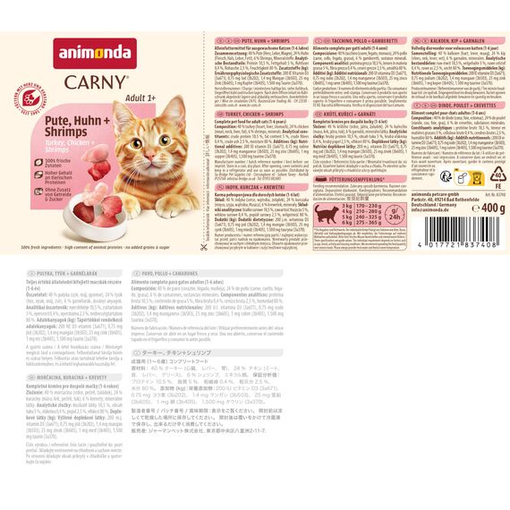 animonda Carny Katzen Nassfutter Pute + Huhn + Shrimps (6 x 400g), getreidefreies Katzen Nassfutter ohne Zucker, mit frischen fleischigen Zutaten