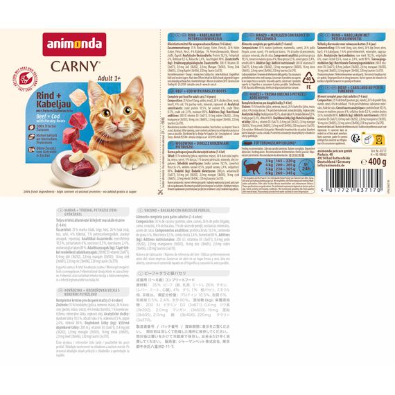 animonda Carny Katzen Nassfutter Rind + Kabeljau mit Petersilienwurzeln (6 x 400g), getreidefreies Katzen Nassfutter ohne Zucker, mit frischen fleischigen Zutaten