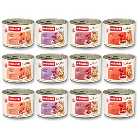 animonda Carny Adult Herzhafte Variation (12 x 200 g), Katzennassfutter für ausgewachsene Katzen, Nassfutter mit 100 % frischen, fleischlichen Zutaten, Katzenfutter ohne Getreide und Zucker