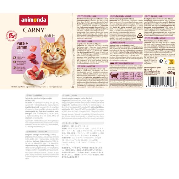 animonda Carny Katzen Nassfutter Pute + Lamm (6 x 400g), getreidefreies Katzen Nassfutter ohne Zucker, mit frischen fleischigen Zutaten