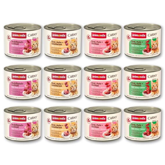 animonda Carny Adult Kräftige Variation (12 x 200 g), Katzennassfutter für ausgewachsene Katzen, Nassfutter mit 100 % frischen, fleischlichen Zutaten, Katzenfutter ohne Getreide und Zucker