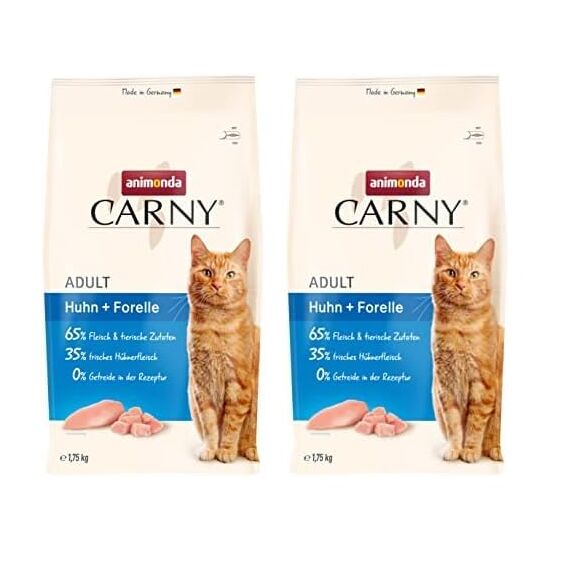 animonda Carny Adult Huhn + Forelle (1,75 kg), Adult Trockenfutter für ausgewachsene Katzen, Katzenfutter ohne Getreide und Zucker, Katzentrockenfutter mit 65% Fleisch und Fisch (Packung mit 2)