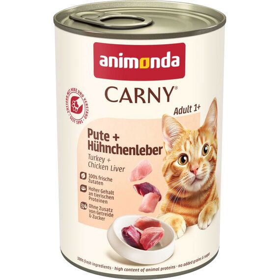 animonda Carny Katzen Nassfutter Pute + Hühnchenleber (6 x 400g), getreidefreies Katzen Nassfutter ohne Zucker, mit frischen fleischigen Zutaten