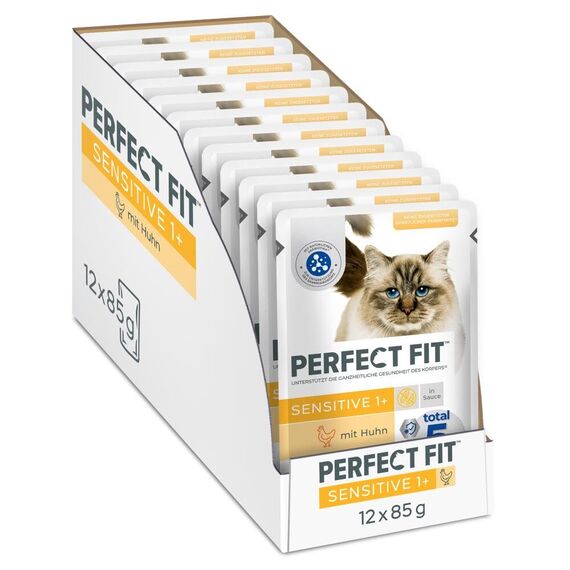 Perfect Fit Sensitive 1+ Katzennassfutter mit Huhn in Sauce, 12 Portionsbeutel, 12x85g – Premium Katzenfutter nass, für sensible Katzen ab 1 Jahr, ohne Weizen & Soja, zur Unterstützung der Verdauung
