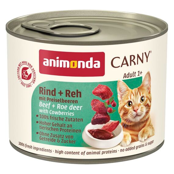 animonda Carny Katzen Nassfutter Rind + Reh mit Preiselbeeren (6 x 200g), getreidefreies Katzen Nassfutter ohne Zucker, mit frischen fleischigen Zutaten