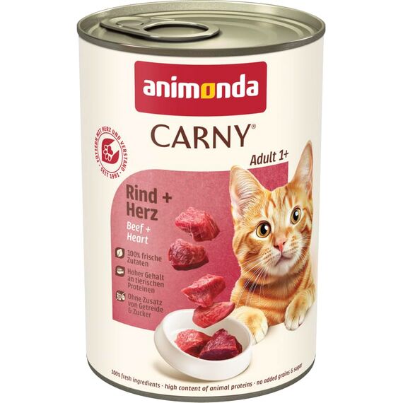animonda Carny Katzen Nassfutter Rind + Herz (6 x 400g), getreidefreies Katzen Nassfutter ohne Zucker, mit frischen fleischigen Zutaten