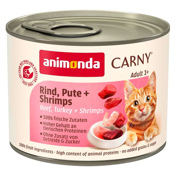 animonda Carny Katzen Nassfutter Rind + Pute + Shrimps (6 x 200g), getreidefreies Katzen Nassfutter ohne Zucker, mit frischen fleischigen Zutaten
