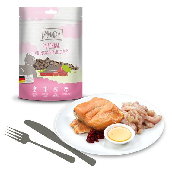 MjAMjAM - Premium Katzensnack - Snackbag - kulinarischer Wildlachs, 1er Pack (1 x 125 g), naturbelassen ganz ohne synthetische Konservierungsstoffe