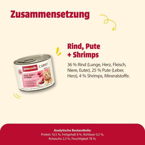 animonda Carny Katzen Nassfutter Rind + Pute + Shrimps (6 x 200g), getreidefreies Katzen Nassfutter ohne Zucker, mit frischen fleischigen Zutaten