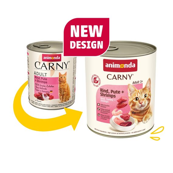 animonda Carny Katzen Nassfutter Rind + Pute + Shrimps (6 x 800g), getreidefreies Katzen Nassfutter ohne Zucker, mit frischen fleischigen Zutaten