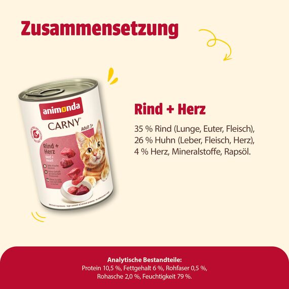 animonda Carny Katzen Nassfutter Rind + Herz (6 x 400g), getreidefreies Katzen Nassfutter ohne Zucker, mit frischen fleischigen Zutaten