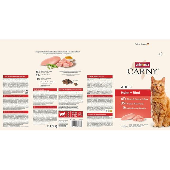 animonda Carny Katzen Trockenfutter Huhn und Rind (1 x 1,75 kg), Trockenfutter für ausgewachsene Katzen ohne Zucker und Getreide, mit frischem Hühnerfleisch und Rinderprotein