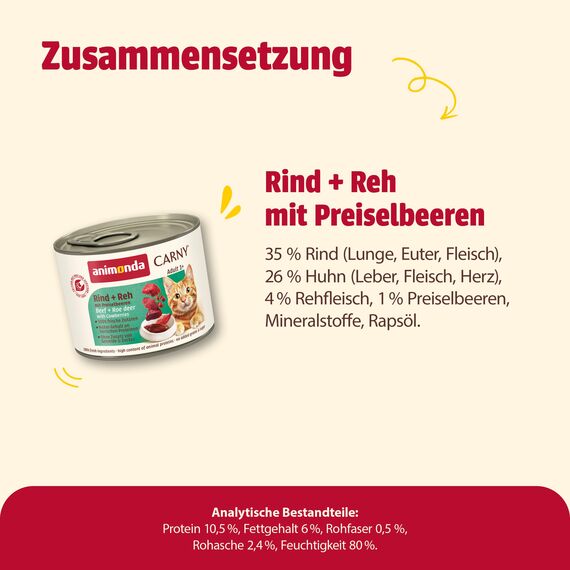 animonda Carny Katzen Nassfutter Rind + Reh mit Preiselbeeren (6 x 200g), getreidefreies Katzen Nassfutter ohne Zucker, mit frischen fleischigen Zutaten