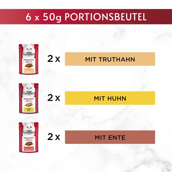 Gourmet Mon Petit Intense Katzenfutter nass, Geflügel-Variationen, 8er Pack (8 x 6 Beutel à 50g)