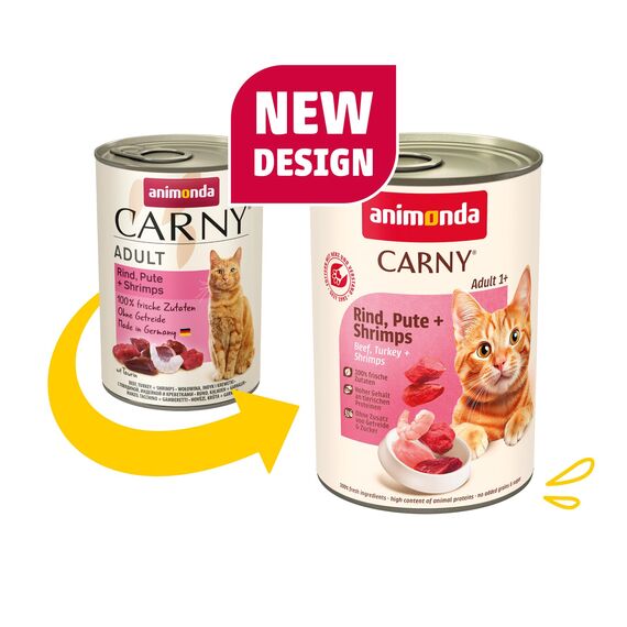 animonda Carny Katzen Nassfutter Rind + Pute + Shrimps (6 x 400g), getreidefreies Katzen Nassfutter ohne Zucker, mit frischen fleischigen Zutaten