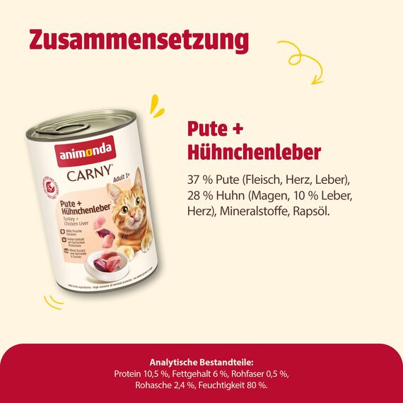 animonda Carny Katzen Nassfutter Pute + Hühnchenleber (6 x 400g), getreidefreies Katzen Nassfutter ohne Zucker, mit frischen fleischigen Zutaten