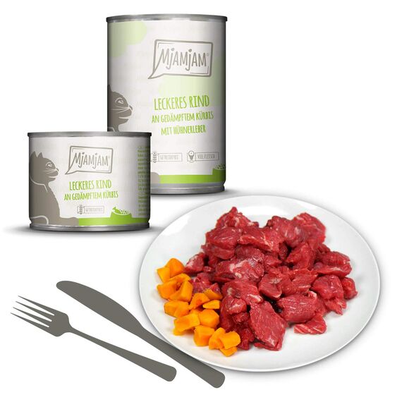 MjAMjAM - Premium Nassfutter für Katzen - Mixpaket I - Huhn, Rind, Herzen, 6er Pack (6 x 400 g), getreidefrei mit extra viel Fleisch