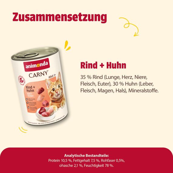 animonda Carny Katzen Nassfutter Rind + Huhn (6 x 400g), getreidefreies Katzen Nassfutter ohne Zucker, mit frischen fleischigen Zutaten