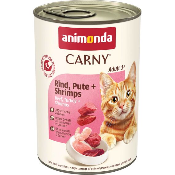 animonda Carny Katzen Nassfutter Rind + Pute + Shrimps (6 x 400g), getreidefreies Katzen Nassfutter ohne Zucker, mit frischen fleischigen Zutaten