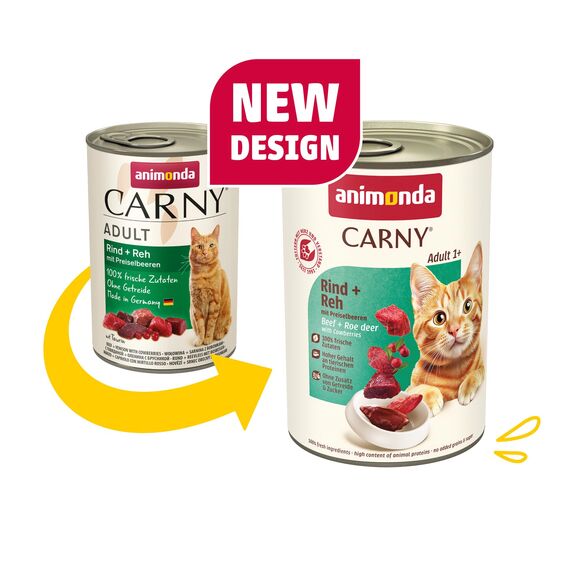 animonda Carny Katzen Nassfutter Rind + Reh mit Preiselbeeren (6 x 400g), getreidefreies Katzen Nassfutter ohne Zucker, mit frischen fleischigen Zutaten