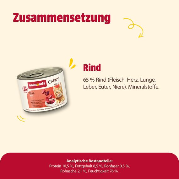 animonda Carny Katzen Nassfutter Rind pur (6 x 200g), getreidefreies Katzen Nassfutter ohne Zucker, mit frischen fleischigen Zutaten