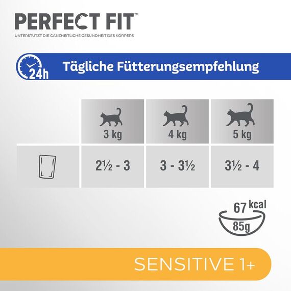 Perfect Fit Sensitive 1+ Katzennassfutter mit Huhn in Sauce, 12 Portionsbeutel, 12x85g – Premium Katzenfutter nass, für sensible Katzen ab 1 Jahr, ohne Weizen & Soja, zur Unterstützung der Verdauung
