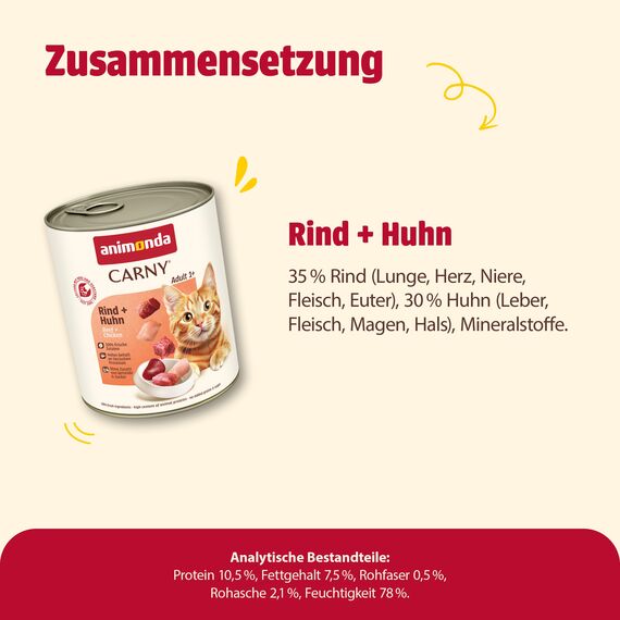 animonda Carny Adult Rind + Huhn (6 x 800 g), Katzennassfutter für ausgewachsene Katzen, Nassfutter mit 100 % frischen, fleischlichen Zutaten, Katzenfutter ohne Getreide und Zucker