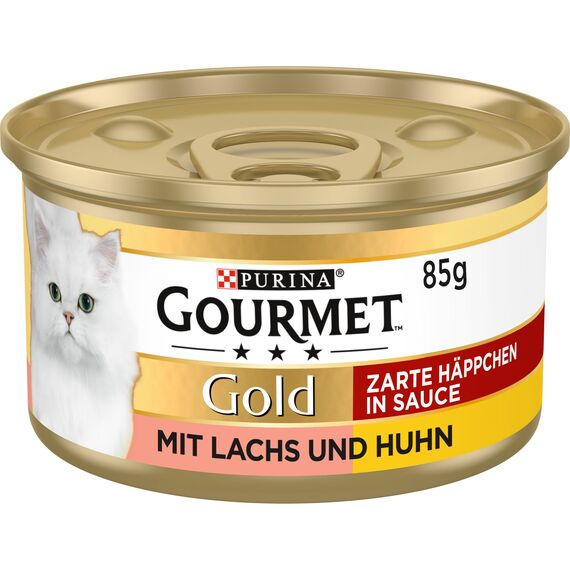 Gourmet Gold Zarte Häppchen in Sauce Katzenfutter nass, mit Lachs und Huhn, 12er Pack (12 x 85g)