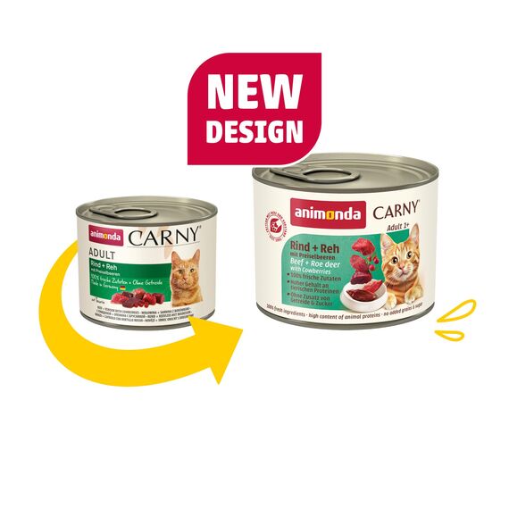 animonda Carny Katzen Nassfutter Rind + Reh mit Preiselbeeren (6 x 200g), getreidefreies Katzen Nassfutter ohne Zucker, mit frischen fleischigen Zutaten