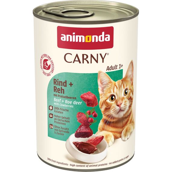 animonda Carny Katzen Nassfutter Rind + Reh mit Preiselbeeren (6 x 400g), getreidefreies Katzen Nassfutter ohne Zucker, mit frischen fleischigen Zutaten