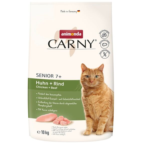 animonda Carny Katzen Trockenfutter mit Huhn + Rind (1 x 10kg), Trockenfutter für Senior Katzen ohne Zucker und Getreide, mit viel frischem Fleisch vom Huhn und mit Rinderprotein