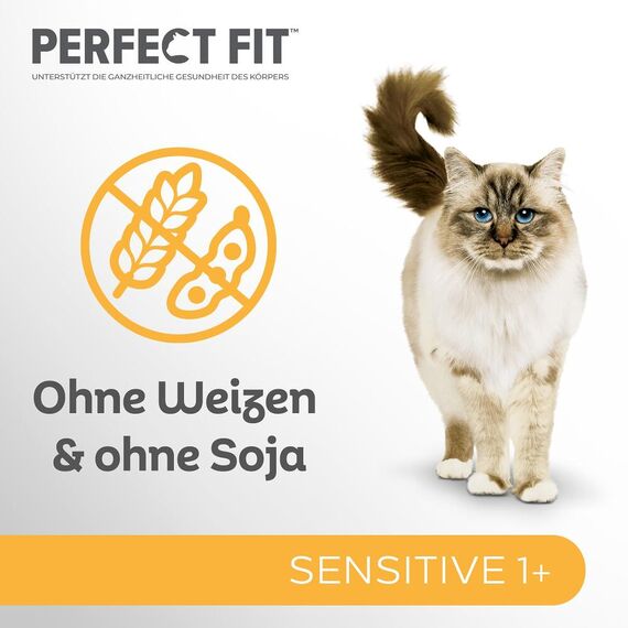 Perfect Fit Sensitive 1+ Katzennassfutter mit Huhn in Sauce, 12 Portionsbeutel, 12x85g – Premium Katzenfutter nass, für sensible Katzen ab 1 Jahr, ohne Weizen & Soja, zur Unterstützung der Verdauung