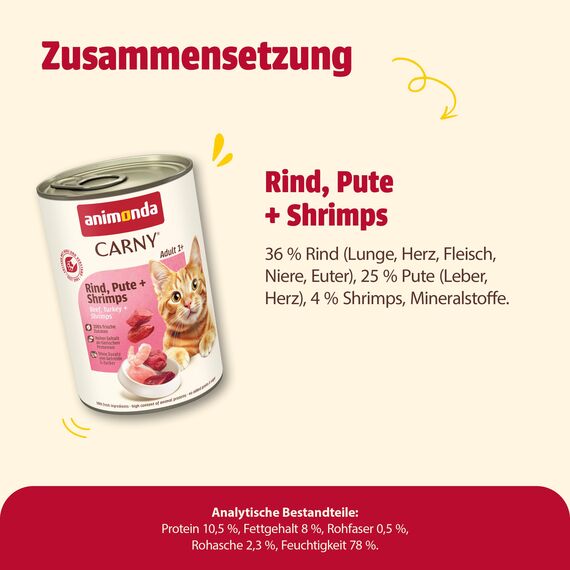 animonda Carny Katzen Nassfutter Rind + Pute + Shrimps (6 x 400g), getreidefreies Katzen Nassfutter ohne Zucker, mit frischen fleischigen Zutaten