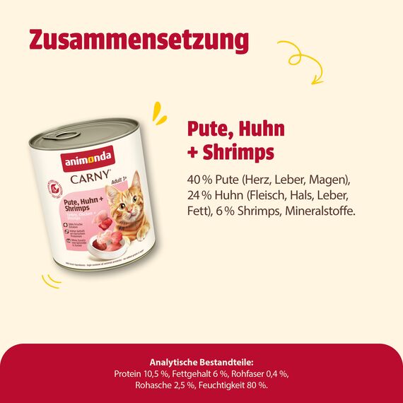 animonda Carny Katzen Nassfutter Pute + Huhn + Shrimps (6 x 800g), getreidefreies Katzen Nassfutter ohne Zucker, mit frischen fleischigen Zutaten