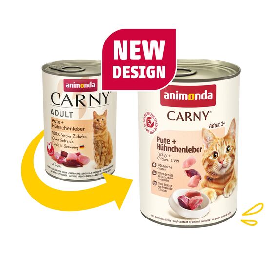 animonda Carny Katzen Nassfutter Pute + Hühnchenleber (6 x 400g), getreidefreies Katzen Nassfutter ohne Zucker, mit frischen fleischigen Zutaten