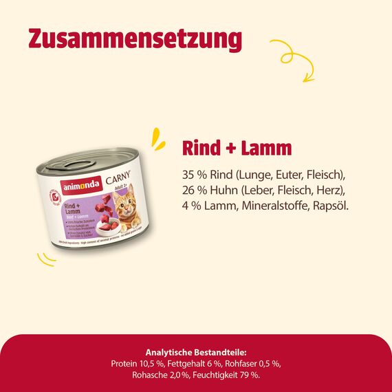 animonda Carny Katzen Nassfutter Rind + Lamm (6 x 200g), getreidefreies Katzen Nassfutter ohne Zucker, mit frischen fleischigen Zutaten