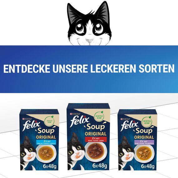 Felix Katzennassfutter Soup Geschmacksvielfalt vom Land mit Rind, Huhn, Lamm, 8er Pack (8 x 6 Beutel à 48g)